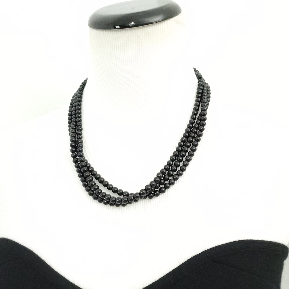 Long Black Plastic Beaded Necklace 32" length